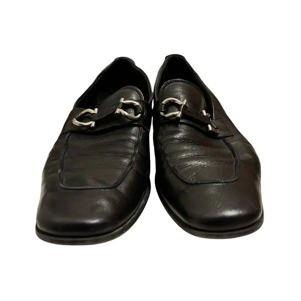 Salvatore Ferragamo loafers featuring silver Gancini bit hardware, men’s size 9